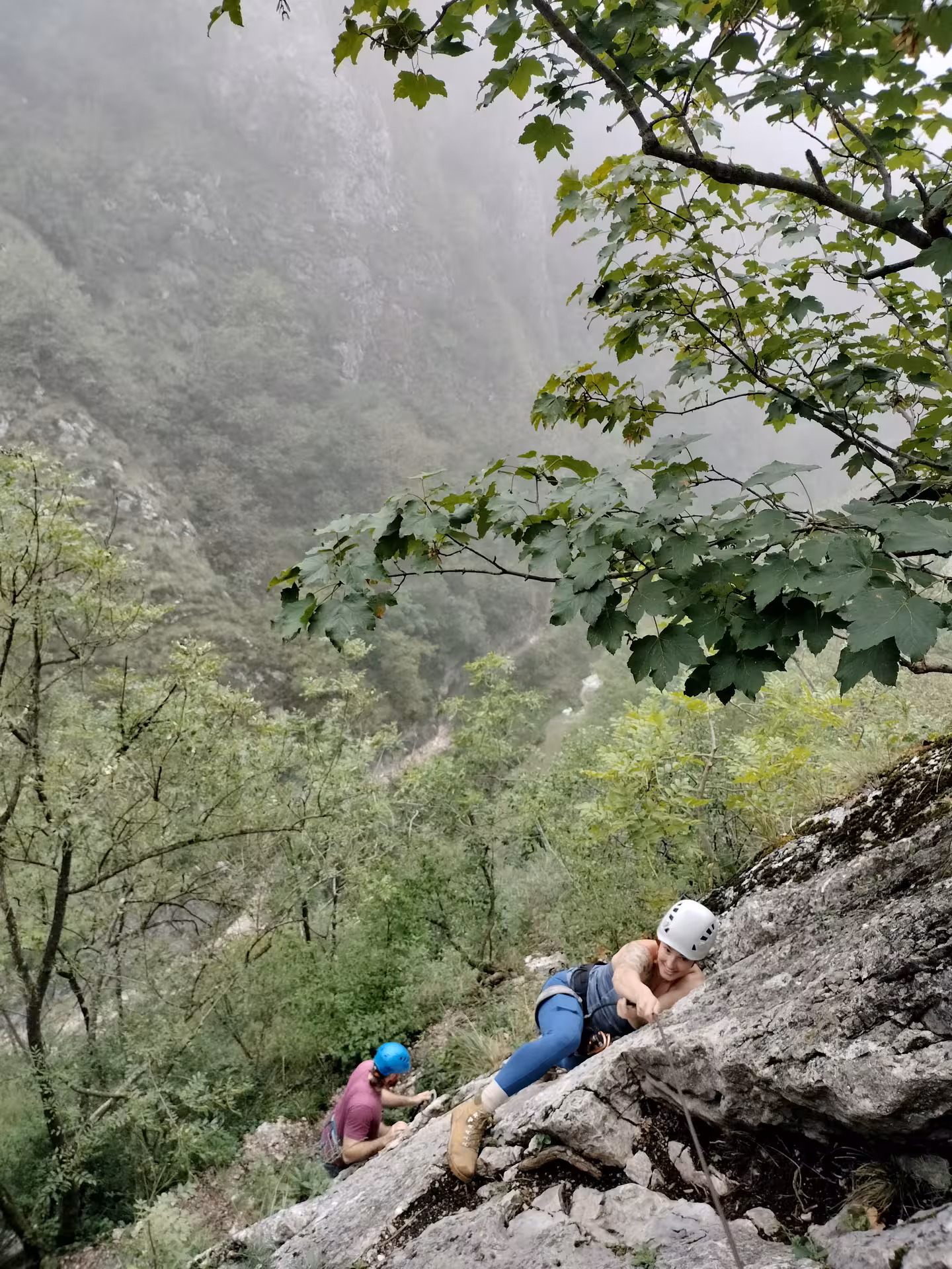 Two hikers with helmets climbing rocky limestone cliffs in Turda Canyon surrounded by lush green forest