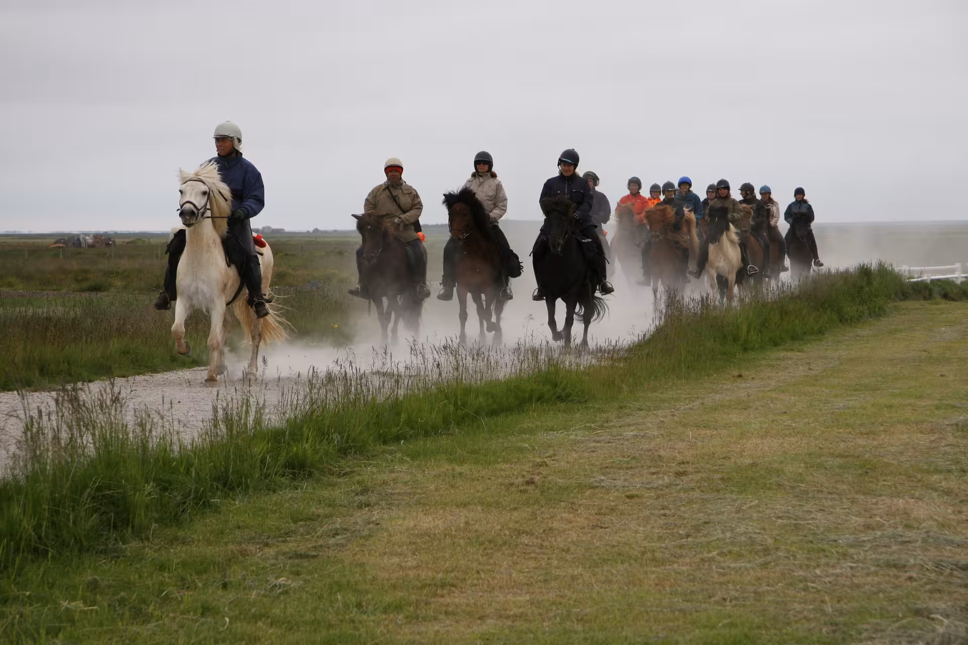 Guided group horseback riding across open countryside, riders in helmets trotting along a dusty trail