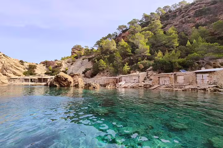 Scenic Cala Salada Ibiza bay with crystal-clear water and pine-covered cliffs, stop on guided jet ski tour