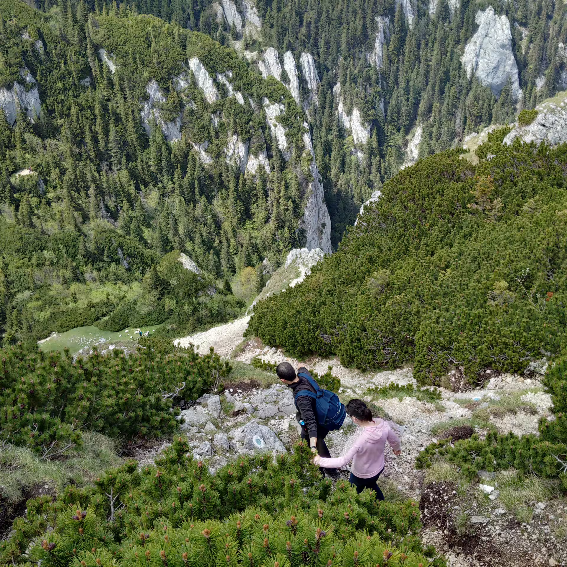 Two hikers climbing rocky trail in Piatra Craiului National Park with forested mountain valley below
