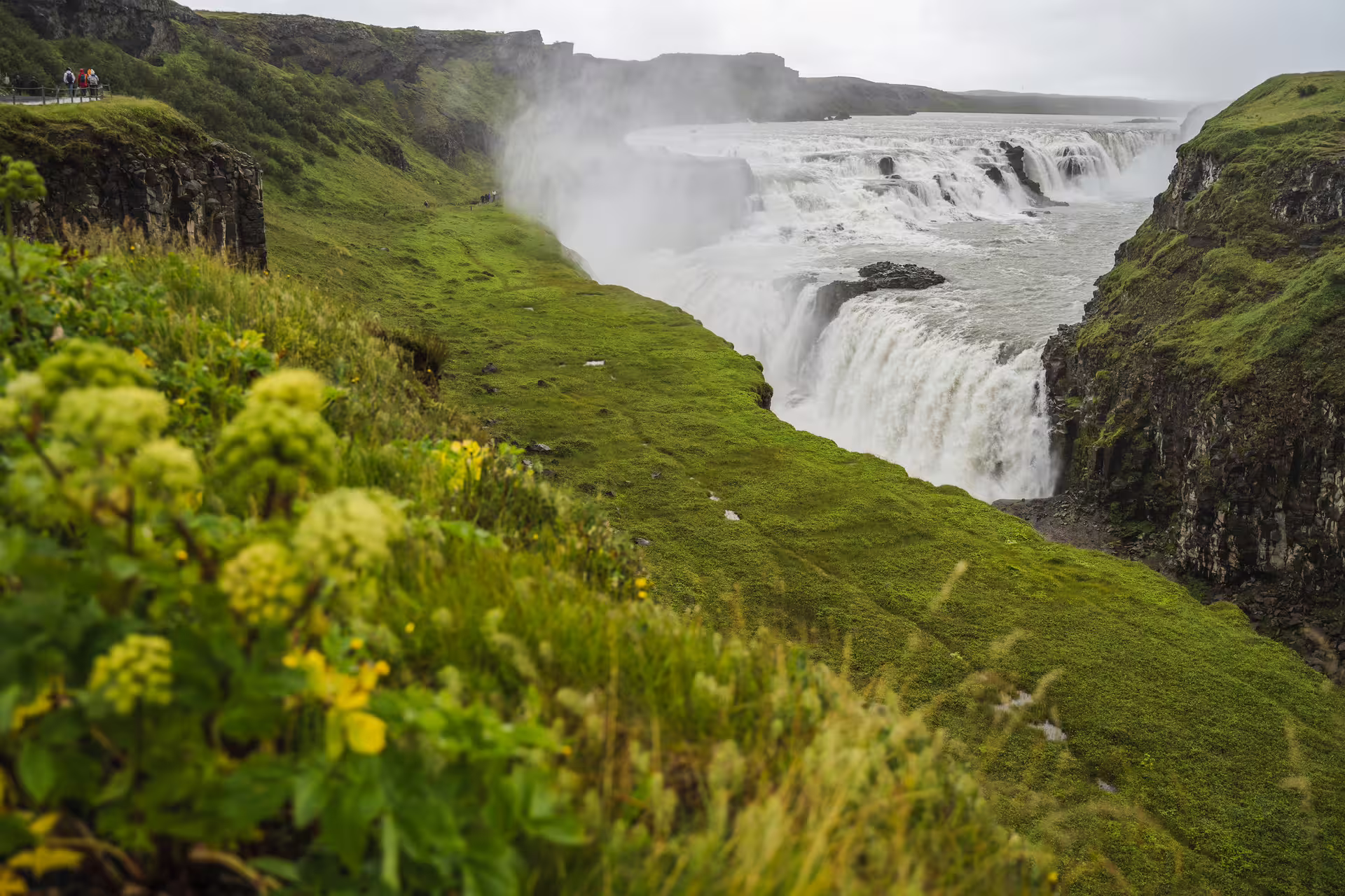 Gullfoss waterfall cascading into a canyon surrounded by lush green cliffs on Iceland's Golden Circle