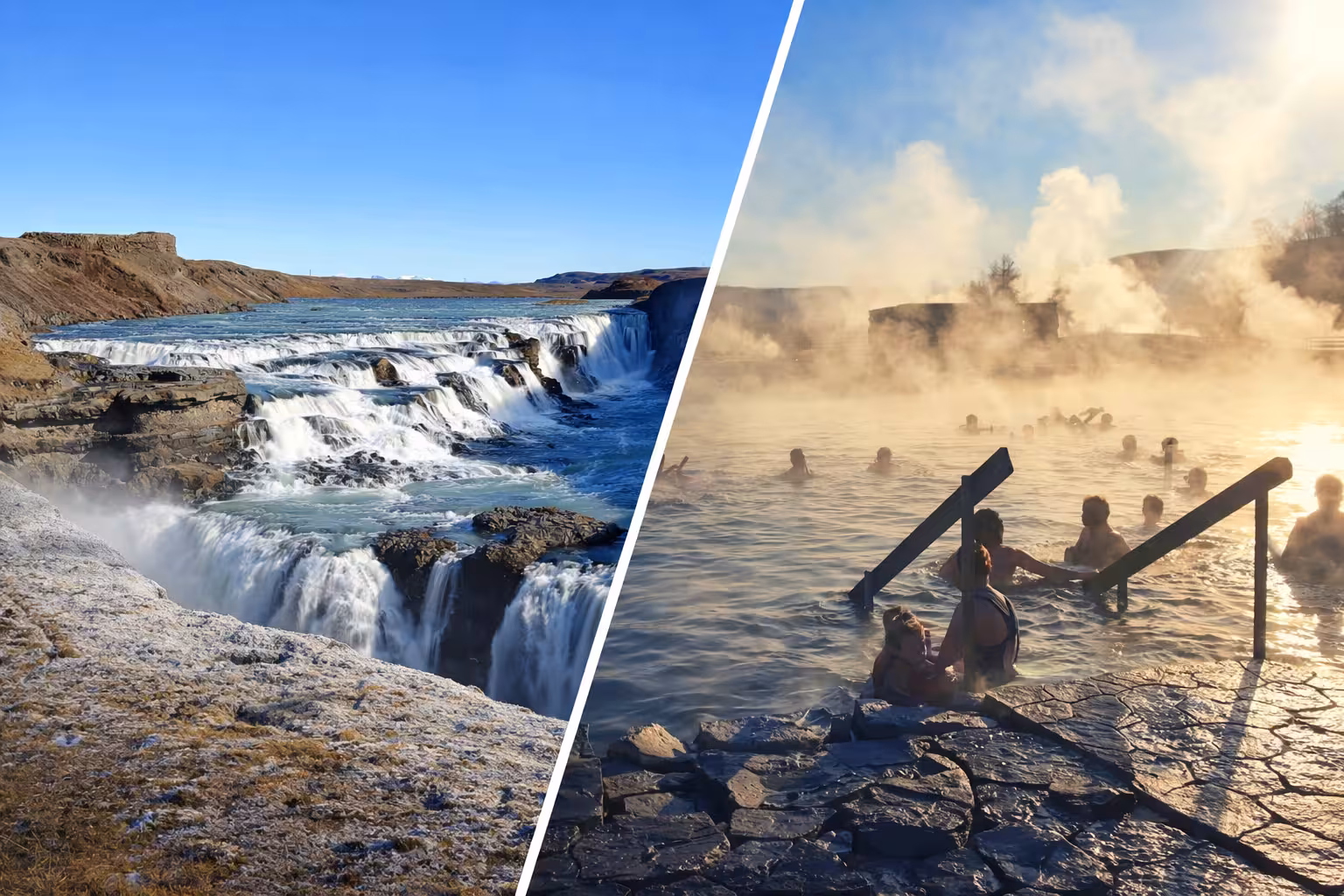 Stunning Gullfoss waterfall cascading under clear blue skies on a private Golden Circle tour Iceland