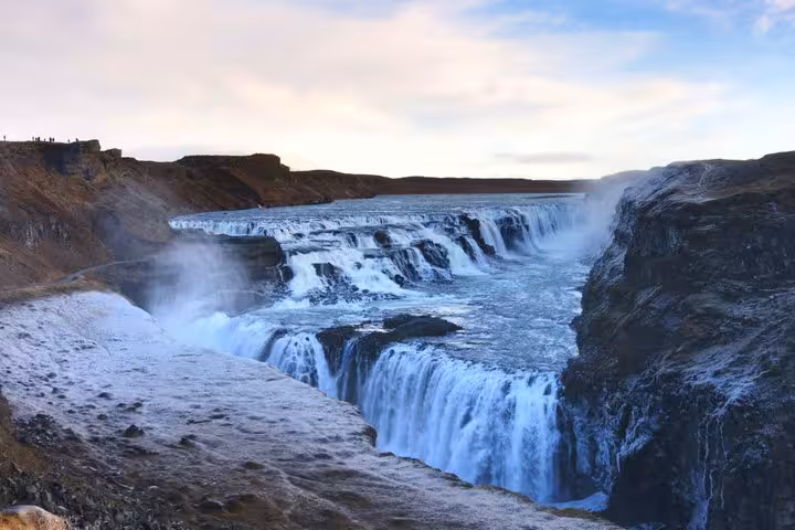 Gullfoss waterfall cascading into a canyon on Iceland's Golden Circle route