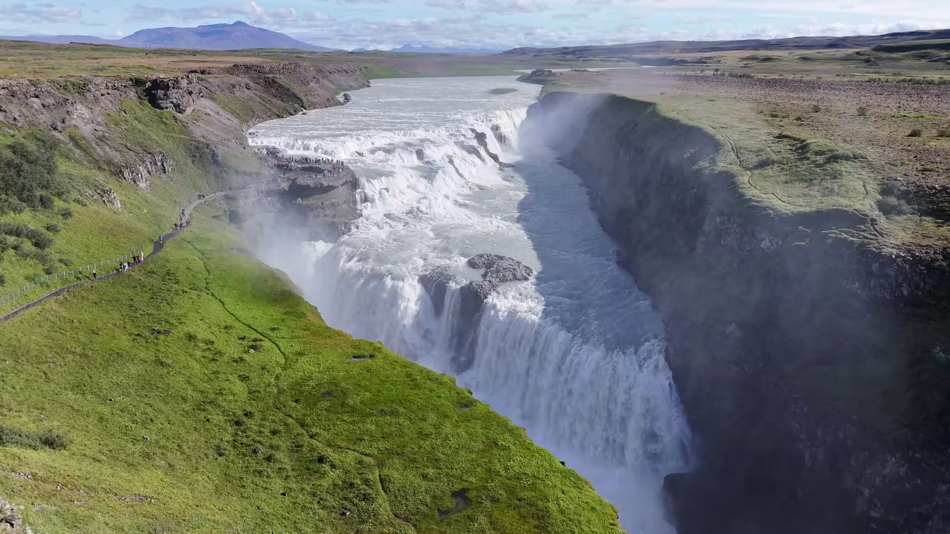 Aerial view of Gullfoss waterfall cascading into a canyon on Iceland's Golden Circle route