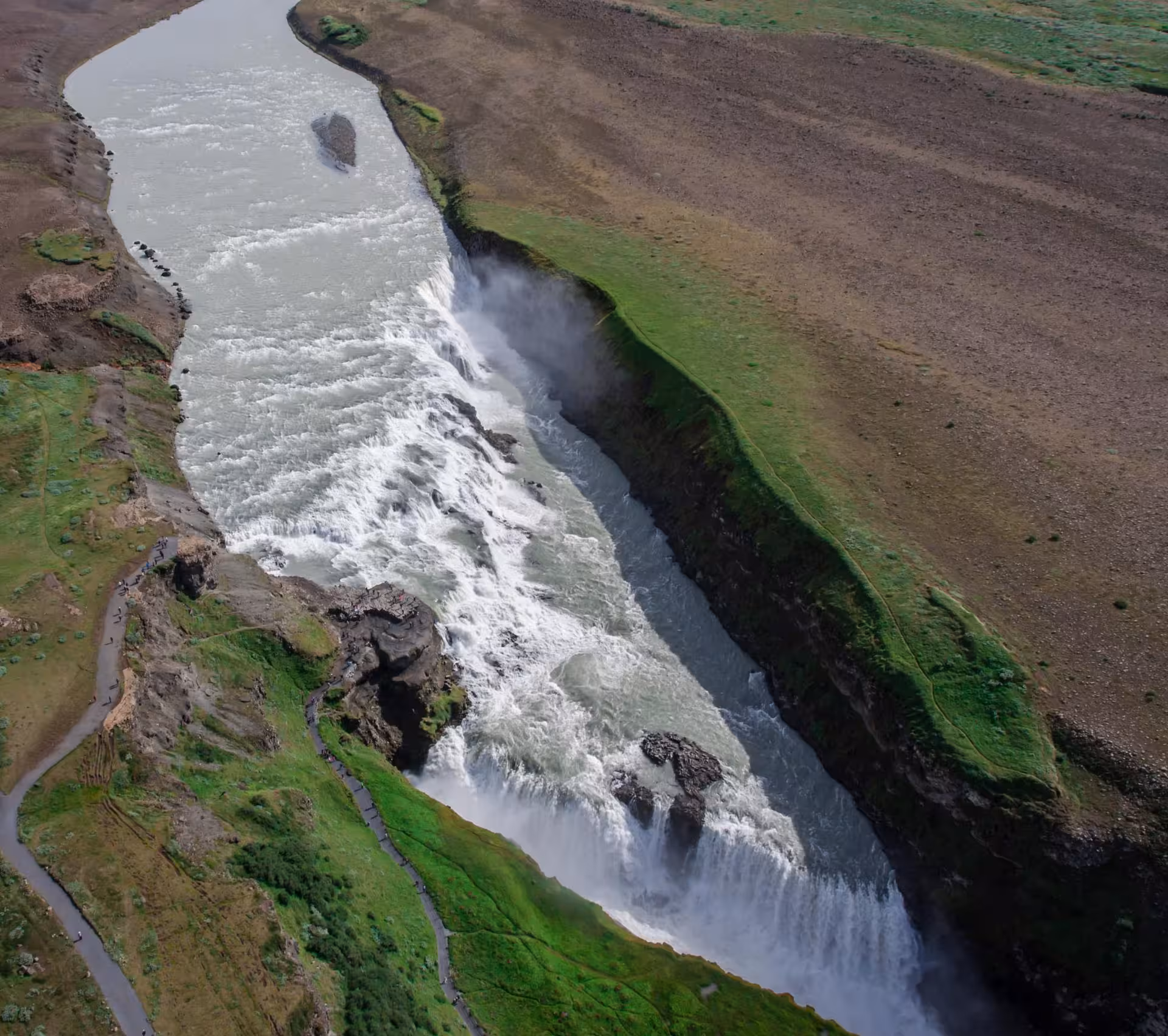 Aerial view of Gullfoss waterfall cascading into a canyon on a private Golden Circle luxury tour Iceland