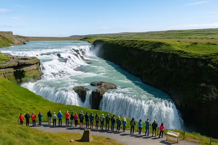 Tourists viewing Gullfoss waterfall cascading into canyon on Golden Circle tour from Reykjavik, Iceland