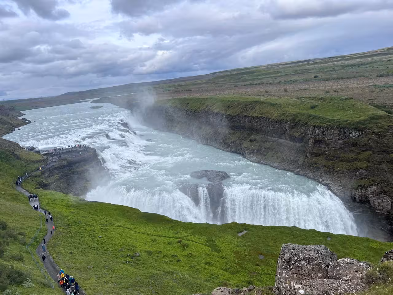 Gullfoss waterfall viewpoint on Golden Circle day tour from Reykjavik, powerful cascades in green canyon