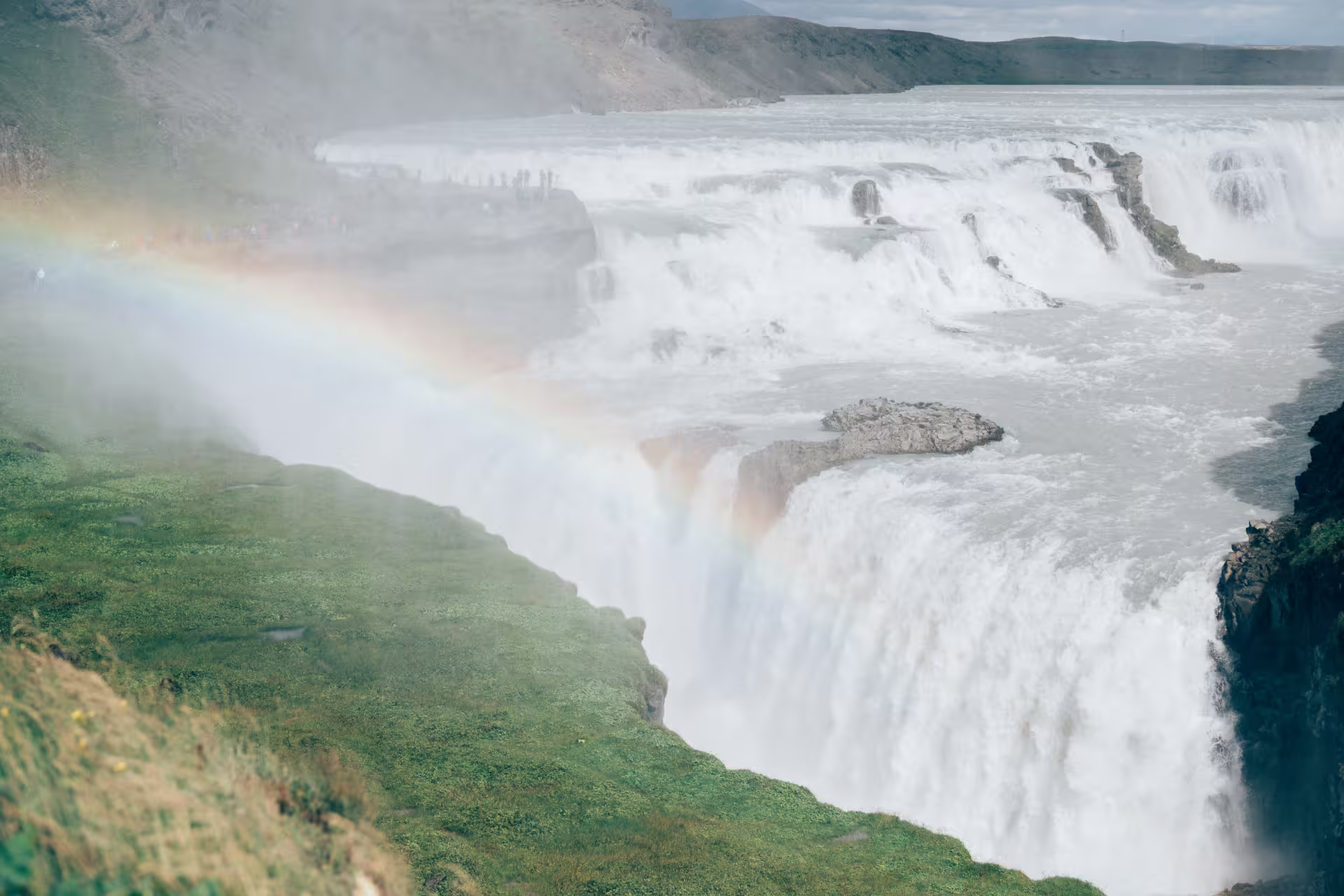 Gullfoss waterfall with rainbow mist on Iceland's Golden Circle route