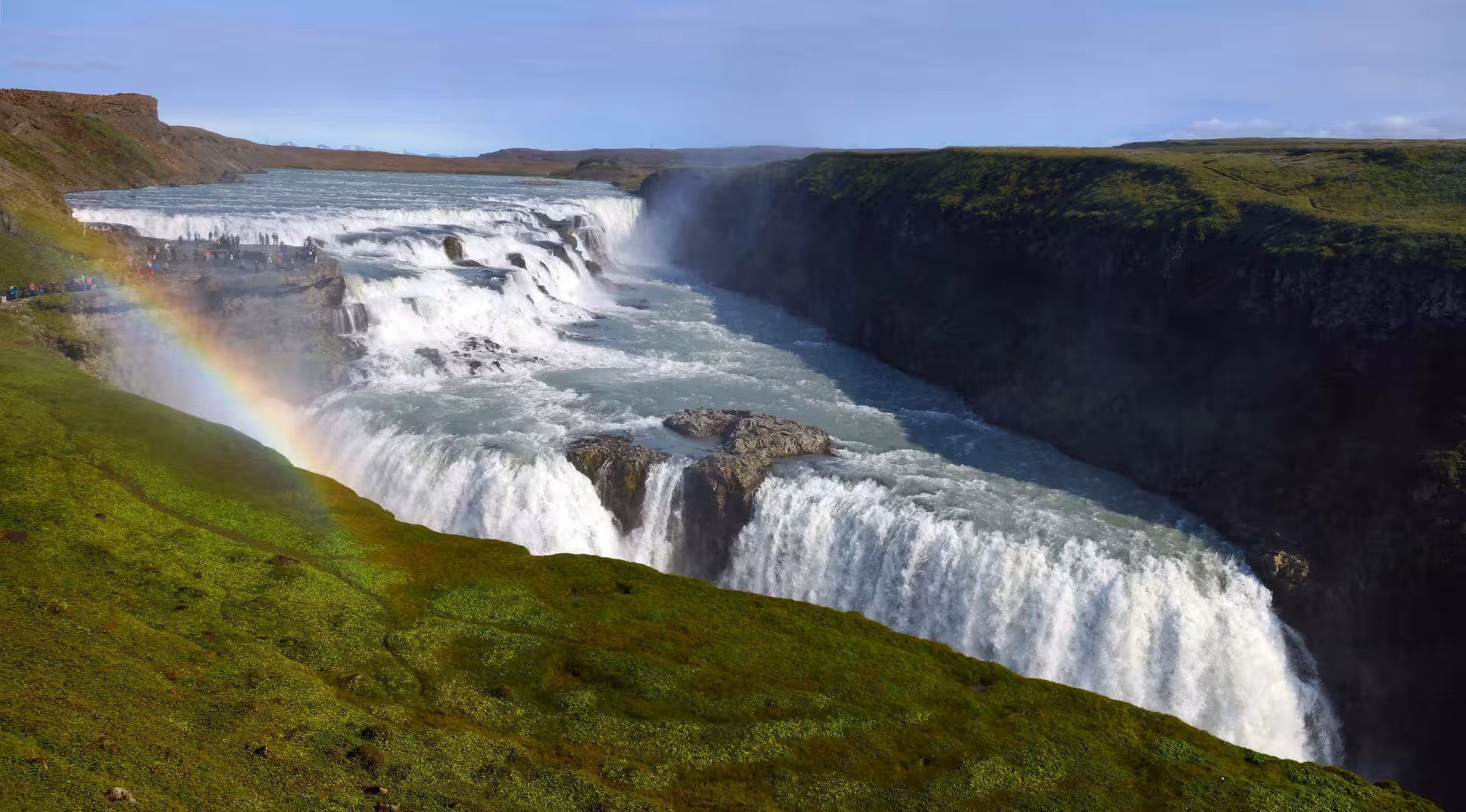 Gullfoss waterfall with rainbow and canyon views on Iceland Golden Circle private tour for 1–6 passengers