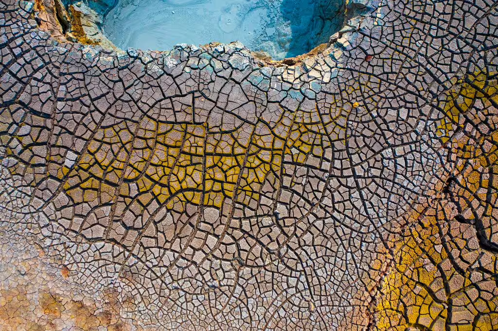 Aerial view of Gunnuhver, a highly active geothermal area in Reykjanes, Iceland