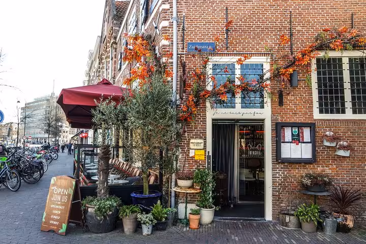 Cozy Haarlem cafe on Zuiderstraat with potted plants, seen on 2-hour walking tour of local highlights