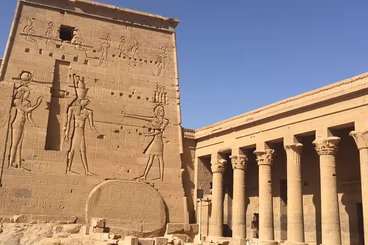 Philae Temple pylons and colonnade on Luxor Temple excursion from Hurghada, Habu City Ramses III tour