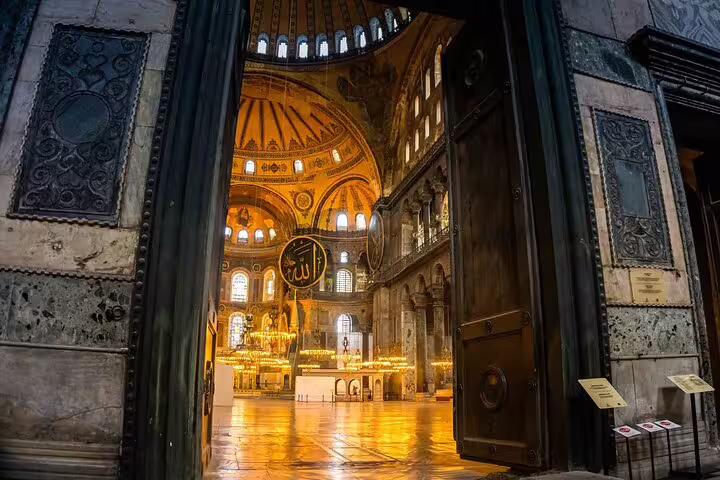 Marvel at the breathtaking interior of Hagia Sophia, a key attraction on guided private Istanbul tours, rich in history and art.