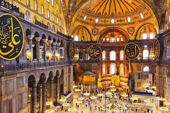 Discover the stunning interior of Hagia Sophia with its majestic domes and intricate mosaics on a skip-the-line Istanbul tour.