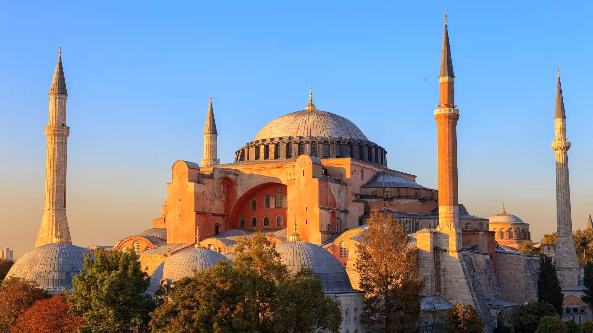 Hagia Sophia in Istanbul with minarets at sunset