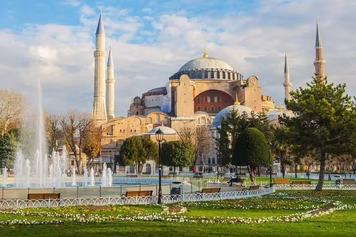Hagia Sophia in Istanbul with gardens and fountains, iconic landmark on 8-day Turkey mini group tour