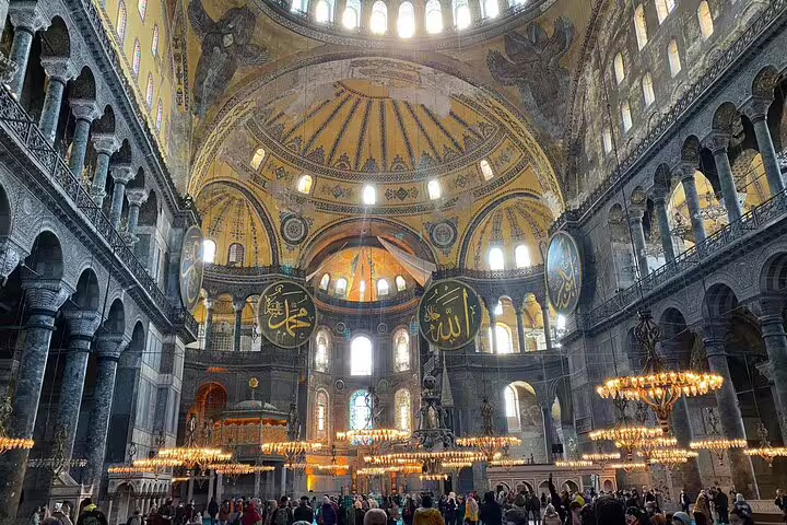 Inside Hagia Sophia Istanbul with grand dome and chandeliers, featured on Turkey Glories 11-day tour