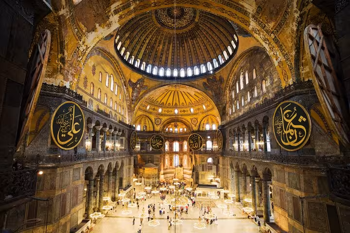 Hagia Sophia interior in Istanbul with grand dome and mosaics, must-see on 10-day Turkey highlights tour