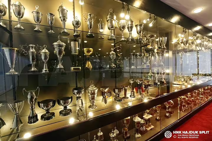 Trophy display inside Poljud Stadium, Split, on the Bike, Beer & Poljud Stadium Tour with Hajduk Split history