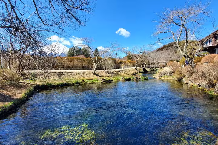 Crystal-clear river stream near Hakone with bare winter trees and mountain backdrop on Tokyo Mt Fuji tour