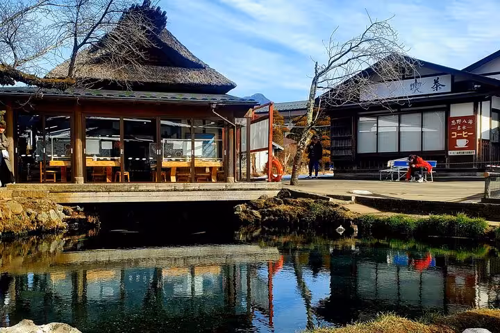 Charming Hakone village café by a serene pond, perfect for a relaxing stop on a Mt. Fuji guided tour.