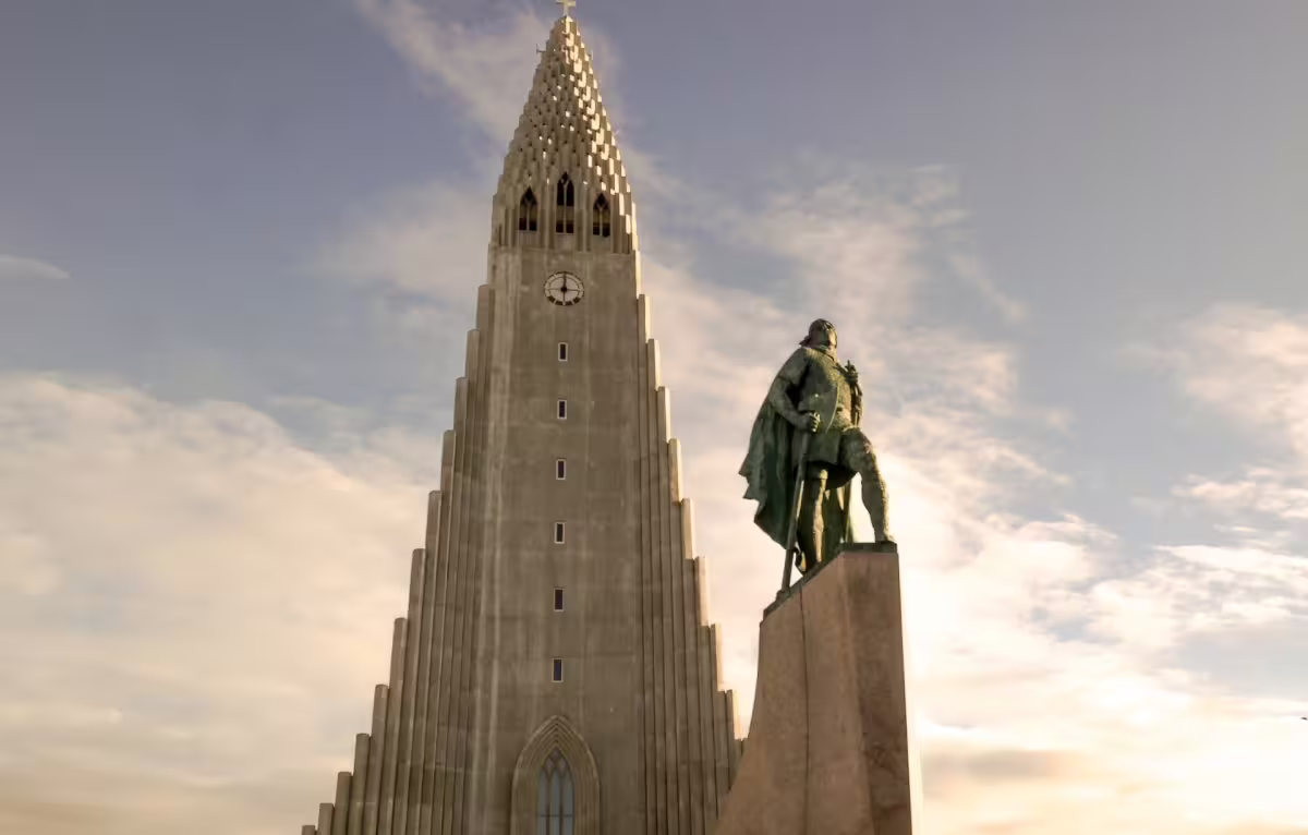 Hallgrímskirkja church tower with Leif Eriksson statue in Reykjavik Iceland