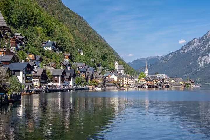 Panoramic Hallstatt lakeside village and mountains, scenic route for a self-guided scavenger hunt tour