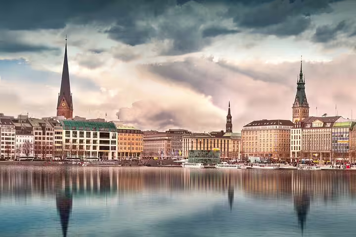 Hamburg Inner Alster skyline and church spires, a scenic stop on a self-guided e-scavenger hunt tour