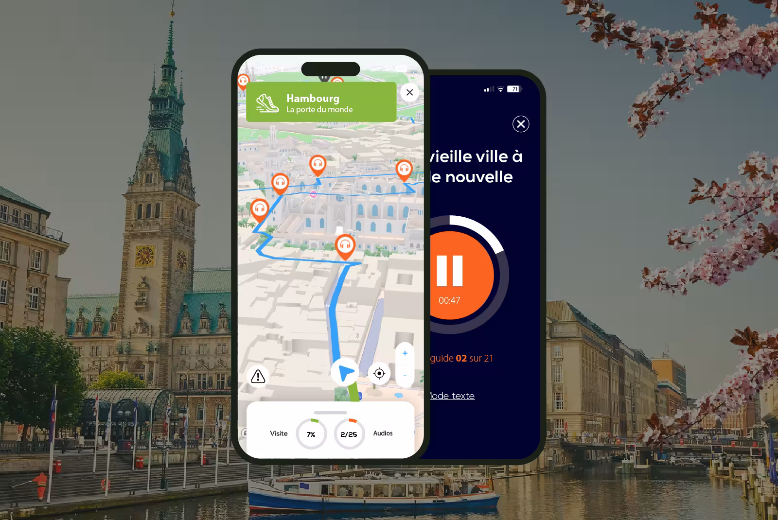 Hamburg self-guided walking tour app showing 3D map with audio guide stops and playback screen