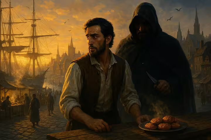 A wary merchant at Hamburg waterfront market with hooded pirate figure holding knife at dusk