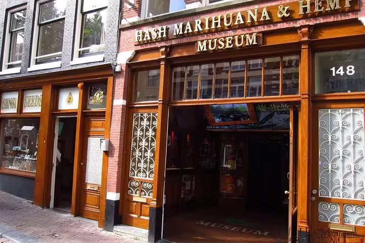 Hash Marihuana & Hemp Museum entrance in Amsterdam, a stop on a self-paced e-scavenger hunt city tour