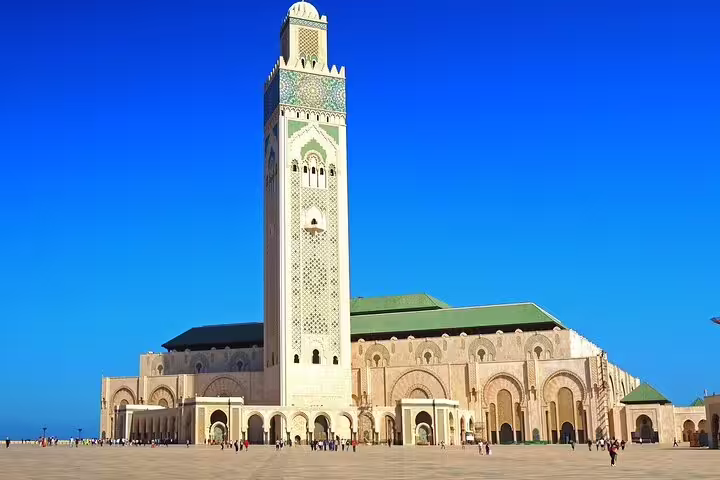 Hassan II Mosque in Casablanca with towering minaret, a highlight on Morocco 11-day tour to Sahara Desert