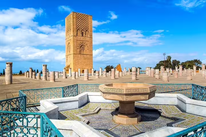 Hassan Tower and mosaic fountain in Rabat, iconic landmark visit on Morocco 9 days tour from Marrakech