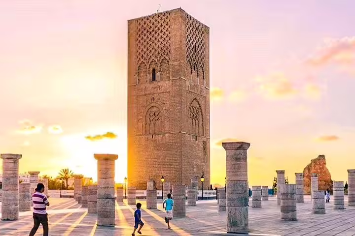 Hassan Tower at sunset in Rabat, a highlight on the 9-day Morocco tour from Casablanca itinerary