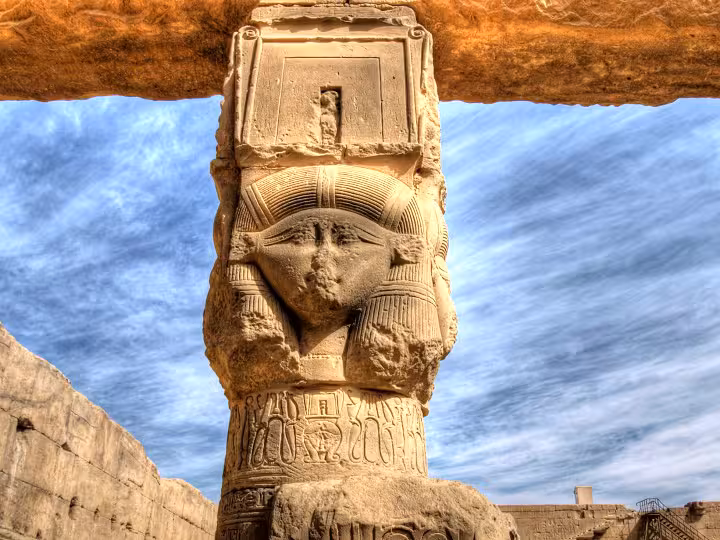 Carved Hathor-headed column at Dendera Temple on a 2-day Luxor, Dendera and Abydos tour from Hurghada