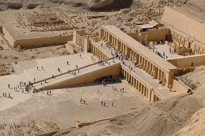 Aerial view of Hatshepsut Temple at Deir el-Bahari, Luxor, on a private Aswan to Luxor day trip