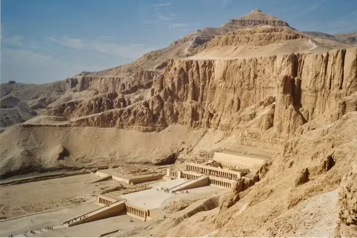 Deir el-Bahari cliffs and Hatshepsut Temple panorama, scenic stop on Luxor Valley of the Kings day tour from Hurghada