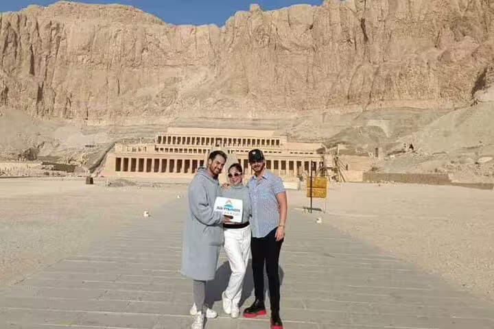 Travelers at Hatshepsut Temple on a private Luxor day tour from Safaga Port, West Bank royal tombs