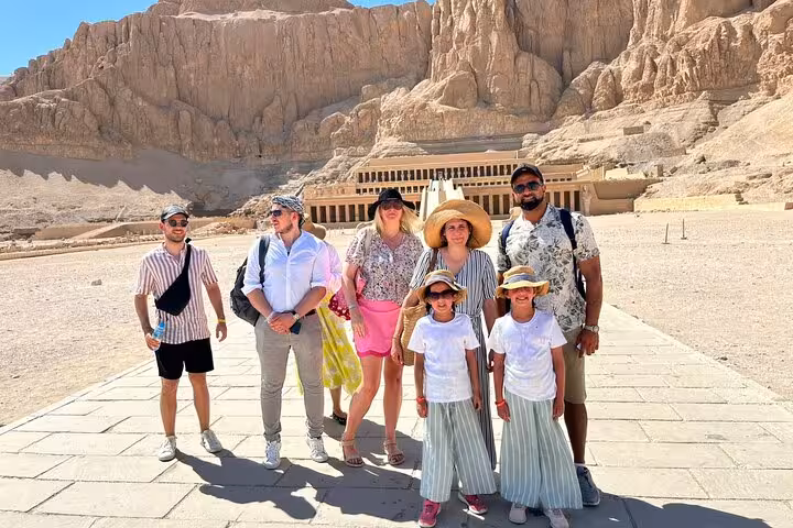 Small group at Hatshepsut Temple, West Bank Luxor day trip from Cairo by plane with Tutankhamun add-on