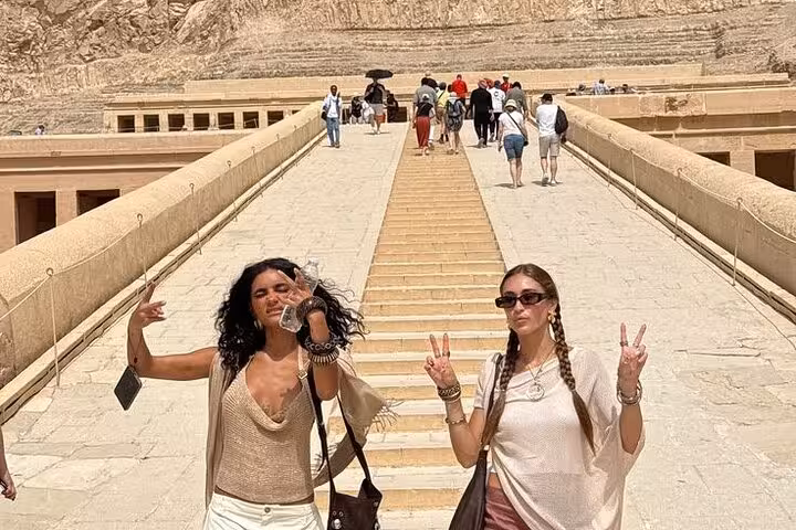 Tourists at Hatshepsut Temple ramp, Luxor excursion from Hurghada with Valley of the Kings and King Tut tomb