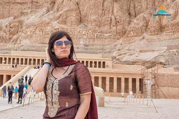 Traveler at Hatshepsut Temple, Luxor—key stop on 15 days 14 nights Holy Family tour in Egypt