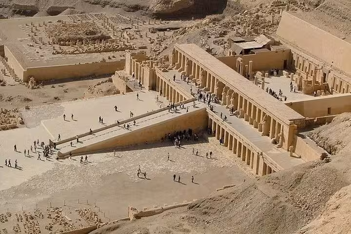 Aerial view of Hatshepsut Temple at Deir el-Bahari, a key stop on VIP Luxor full-day tour from Hurghada