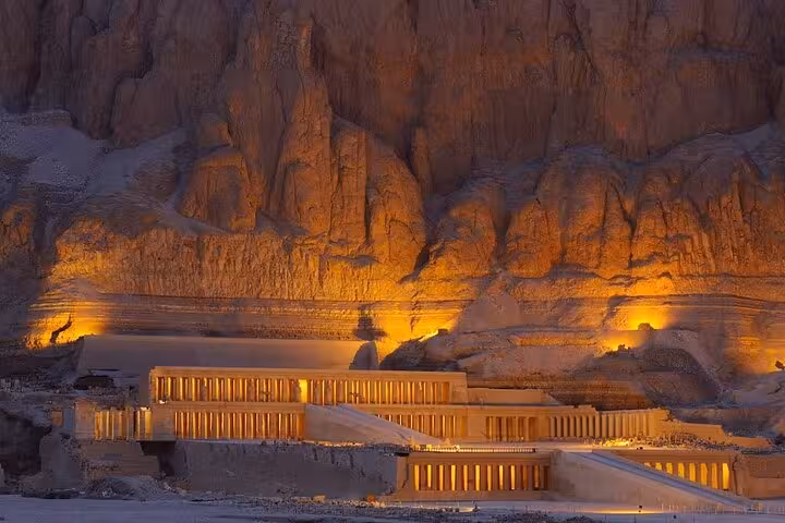 Illuminated Hatshepsut Temple at Deir el-Bahari, a highlight of the full-day Luxor semi-private tour from Hurghada