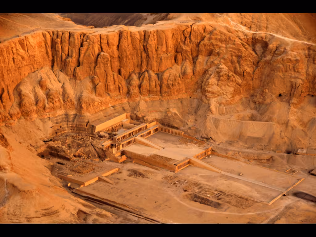 Aerial view of Hatshepsut Temple at Luxor on an 8-day budget Nile cruise tour with entrance tickets included