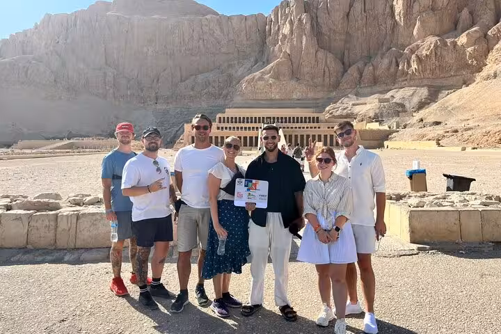 Small group tour photo at Hatshepsut Temple, Luxor after flying from Cairo, Tutankhamun option