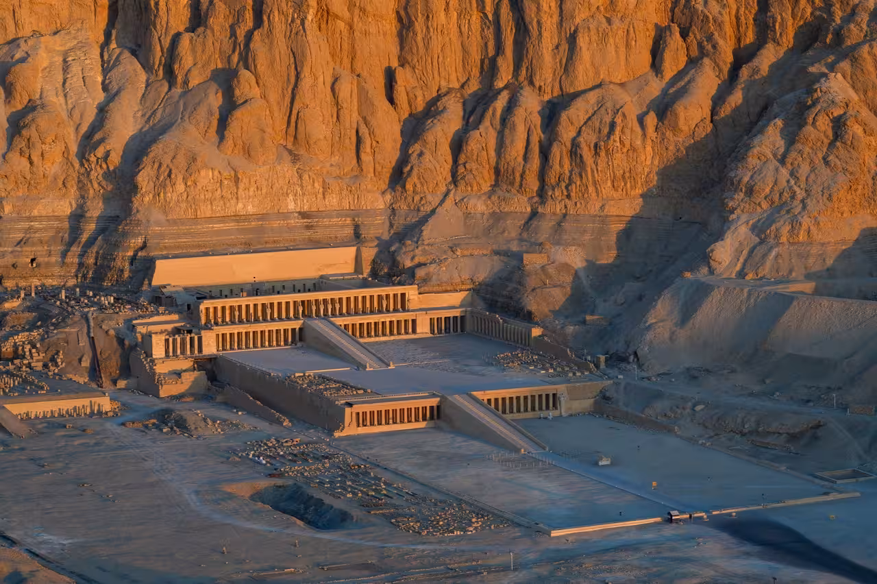Hatshepsut Temple at Deir el-Bahari at sunset, a highlight of Hurghada to Luxor Valley of the Kings tour