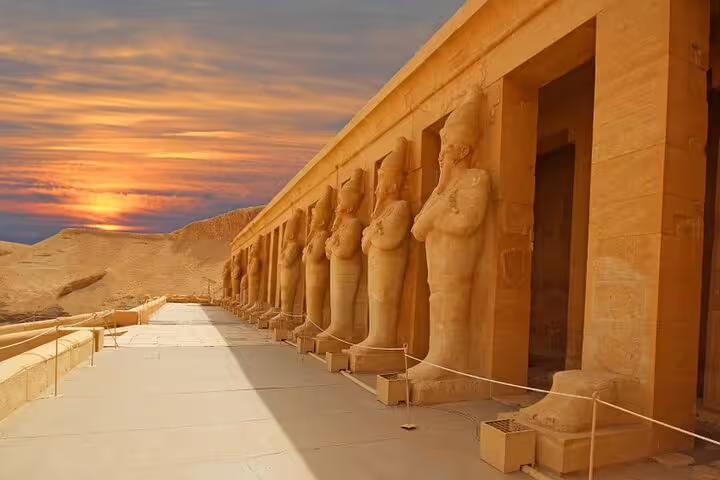 Hatshepsut Temple colonnade at sunset on Luxor Valley of the Queens day tour by bus from Hurghada