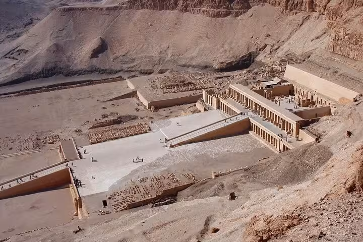Aerial view of Hatshepsut Temple, Luxor West Bank, on Hurghada day tour with lunch and guide
