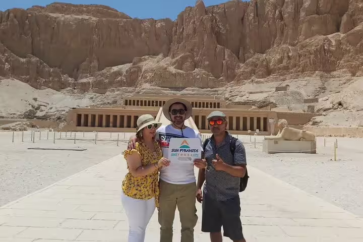 Travelers at Hatshepsut Temple, Luxor West Bank tour with guide, Deir el-Bahari and Nile day trip