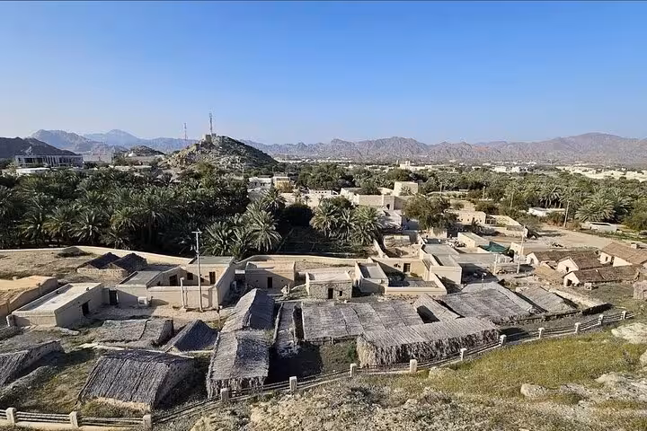 Overlook of Hatta Heritage Village rooftops and date palms with Hajar Mountains backdrop on a private day trip